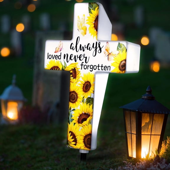 Sunflower Solar Lighted Cross Always Loved Never Forgotten Outdoor Sunflower Solar Decoration Memorial Light up Cross Stake for Home Outside Church Cemetery Garden Yard Porch Lawn Decor