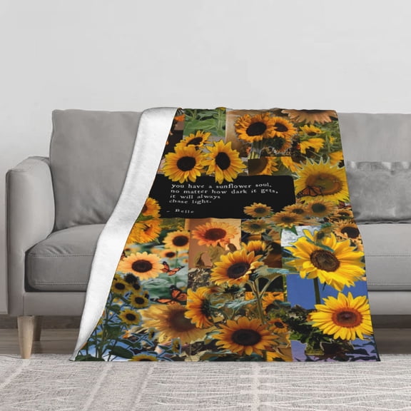 Sunflower Soul Quotes Throw Blanket, 280g Soft Flannel Fleece Vertical Blankets for Sofa Couch Bed, Inspirational Floral Aesthetic Full Print Plush Blanket for Adults Kids Women Gift