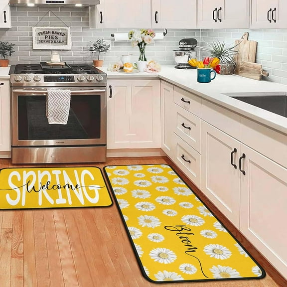 Sunflower Spring Decorative Kitchen Rugs Set of 2,Spring Summer Flowers Kitchen Rugs and Mats Non Skid Washable Rubber Backing 17"x47"+17"x30"