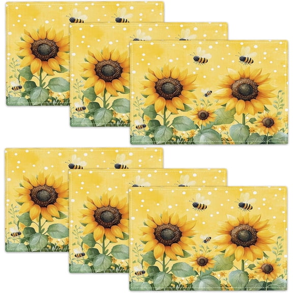 Sunflower Spring Placemats Set of 6, 12x18 Inch Summer Flower Table Place Mat Floral Washable Non-Slip Heat Resistant Fabric Placement Mats for Dining Kitchen Indoor Outdoor Decor