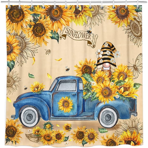 Sunflower Spring Shower Curtain Sunflower Bathroom Decor, Farmhouse Rustic Flower Curtain for Bathroom with Blue Truck Gnome, Yellow Gold Decorative Floral Shower Curtain 72"x72" Waterproof with Hooks