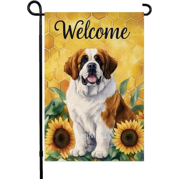 Sunflower Spring Summer Garden Flag With Saint Bernard Dog, Double Sided 12x18 Inch Outdoor Welcome Yard Flag