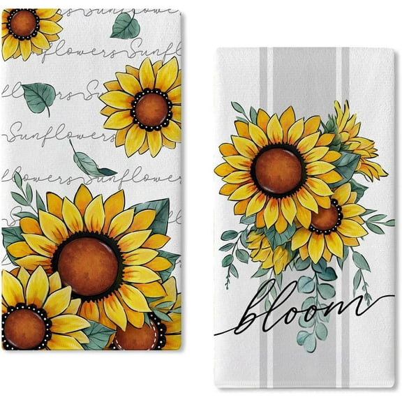 Sunflower Spring Summer Kitchen Dish Towels Set of 2, Bloom Floral Fall Autumn Hand Towels Drying Baking Cooking Cloth, Eucalyptus Leaves Seasonal Home Kitchen Decor 18x26 Inch