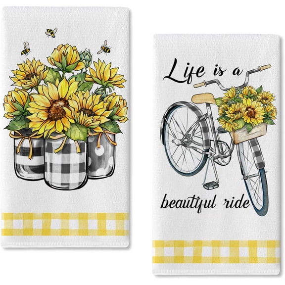 Sunflower Spring Summer Kitchen Dish Towels Set of 2, Life is A Beautiful Ride Bike Mason Jar Hand Towels Drying Baking Cooking Cloth, Buffalo Plaid Farmhouse Fall Home Kitchen Decor 18x26 Inch