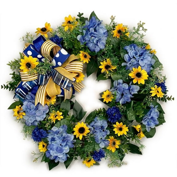 Sunflower Spring Wreath for Front Door Artificial Flower Wreath Ukraine Blue Yellow Summer Wreath with Wildflowers for Wall Window and Farmhouse Decor
