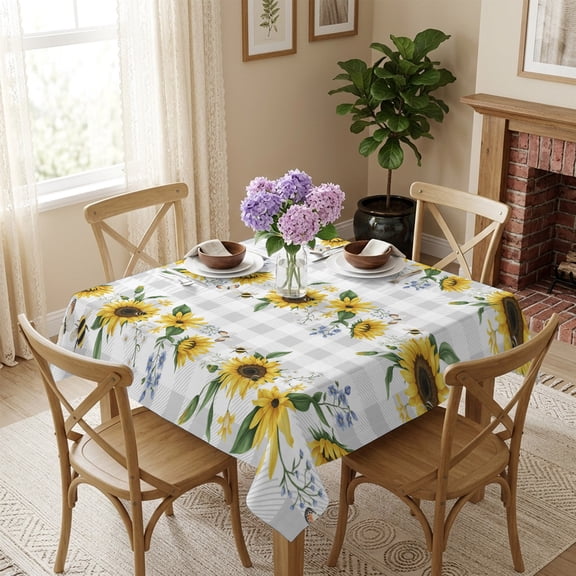 Sunflower Square Tablecloth 54x54 Inch Bee Butterfly Flower Grey Buffalo Plaid Waterproof Polyester Table Cover, Washable Stain Resistant Tablecloth for Dining Table Kitchen Wedding
