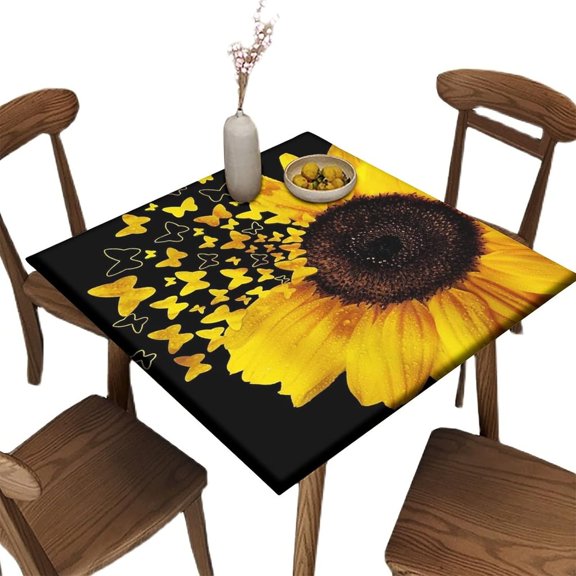 Sunflower Square Tablecloth, Waterproof Fitted Table Cloth for Outdoor Indoor Picnic, Farmhouse Rustic Style Wipeable Elastic Polyester Table Cover, Fits Tables up to 36" Square