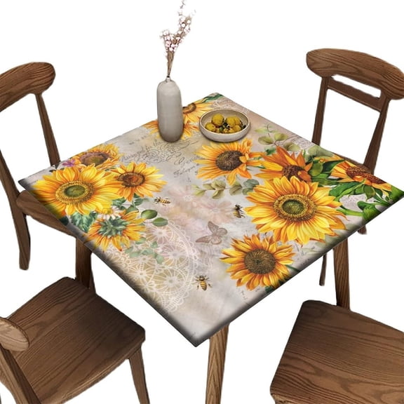 Sunflower Square Tablecloth, Waterproof Fitted Table Cloth for Outdoor Indoor Picnic, Farmhouse Rustic Style Wipeable Elastic Polyester Table Cover, Fits Tables up to 36" Square