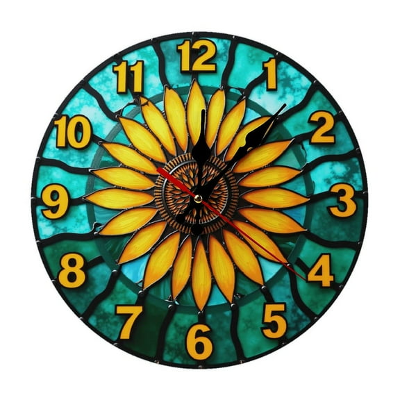 Sunflower Stained Glass Circular Wall Clock 10 Inch Silent Non Ticking Round Wooden Clock Decoration for Living Room Kitchen Bedroom Bathroom Office Classroom