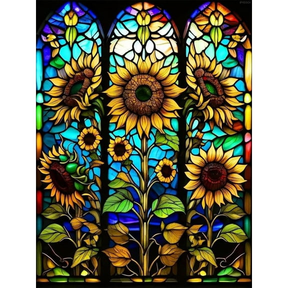 Sunflower Stained Glass Diamond Painting Kit for Adult Beginners, Sunflower Round Full Diamond 5D DIY Diamond Art Set, Yellow Flower Diamond Painting Family Wall Decoration
