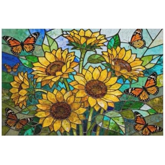 Sunflower Stained Glass Jigsaw Puzzle for Adults 1000 Pieces, Round Brain-Challenging Puzzle, Colorful Flower Art Puzzle Perfect for Game Night and Relaxing Home Activity
