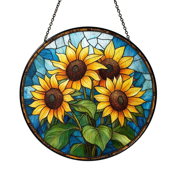 Sunflower Stained Glass Style Panel – Round Floral Window Hanging
