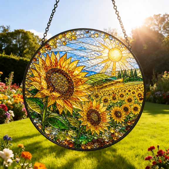 Sunflower Stained Glass Suncatcher Window Hanging for Garden Lovers & Gift Giving