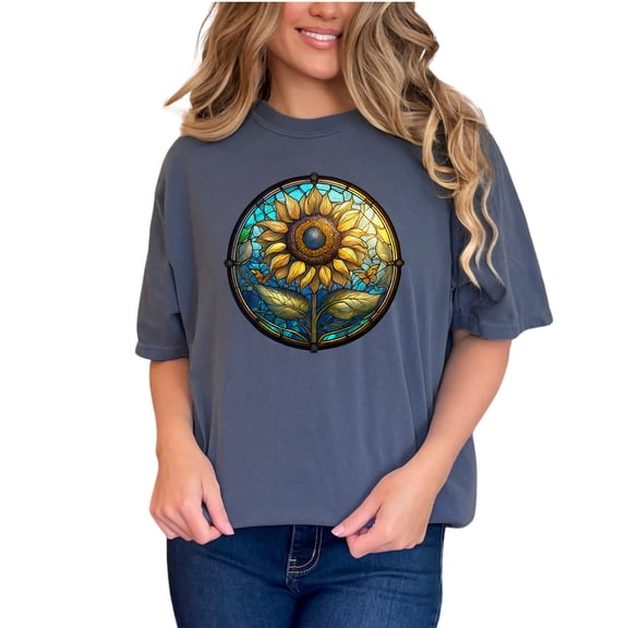 Sunflower Stained Glass Window Art T-Shirt, Colorful Butterfly Sunflower Tee, Nature Inspired Graphic Tee, Unique Artistic Shirt, Denim Comfort Colors T-Shirt, XL