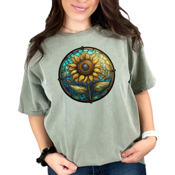 Sunflower Stained Glass Window Art T-Shirt, Colorful Butterfly Sunflower Tee, Nature Inspired Graphic Tee, Unique Artistic Shirt, Moss Comfort Colors T-Shirt, Large