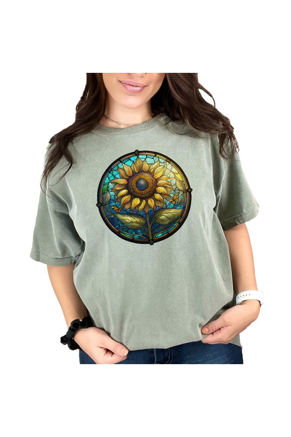 Sunflower Stained Glass Window Art T-Shirt, Colorful Butterfly Sunflower Tee, Nature Inspired Graphic Tee, Unique Artistic Shirt, Moss Comfort Colors T-Shirt, Large