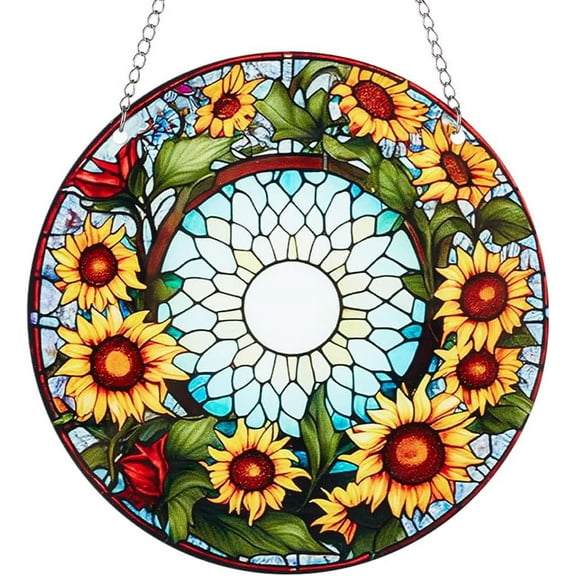Sunflower Stained Windows Hanging Suncatcher Round Acrylic Hanging Ornaments Sets Panel with Iron Chain and Jump Rings Home Summer Decor Gift DIY