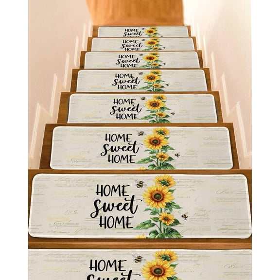 Sunflower Stair Treads Non Slip Runners Rugs, 4 Pcs Carpet for Stairs with Adhesive, Summer Botanical Bee Farmhouse Watercolor Stair Mats Pads Indoor Stair Treads for Wooden Steps 8"x30"