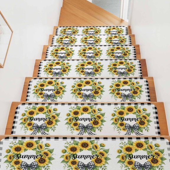 Sunflower Stair Treads Non Slip for Steps Yellow Flower Summer Plaid Bow Green Leaf Striped 10 Pcs Reusable Adhesive Stair Runner Mats for Dogs Elders Carpet Treads Rugs for Staircase 8x30 In
