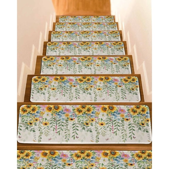 Sunflower Stair Treads for Wooden Steps Indoor Runner Rug Carpet, Rustic Summer Botanical Eucalyptus Leaf 7 Pieces Peel and Stick Staircase Step Treads Covers Washable Throw Door Mats, 30"x8"