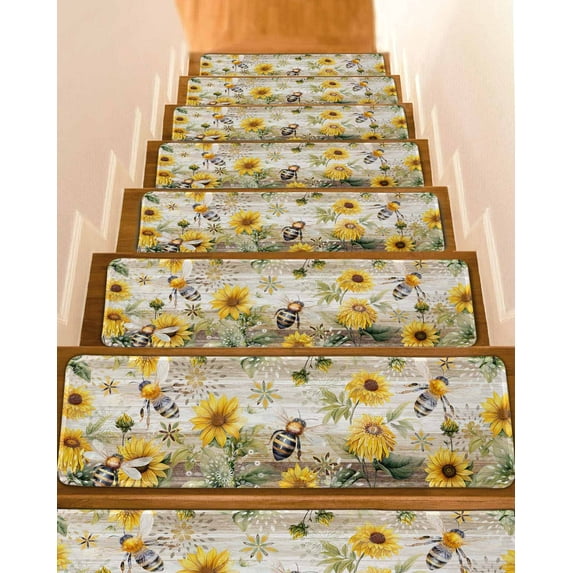 Sunflower Stair Treads for Wooden Steps Indoor Runner Rug Carpet, Vintage Summer Bee Botanical Farmhouse 7 Pieces Peel and Stick Staircase Step Treads Covers Washable Throw Door Mats, 30"x8"