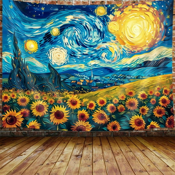 Sunflower Starry Night Art Tapestry Aesthetic, Vintage Fantasy Nature Oil Painting Tapestry Wall Hanging for Bedroom, Fall Flower Tapestries Poster Blanket College Dorm Home Decor 40X30 Inches