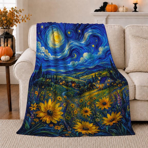 Sunflower Starry Night Post-Impressionist Scene, Dramatic Celestial Scene, Warm Flannel Blanket for Home Library and Reading Nook, Celestial Art Lovers Housewarming Gift, Celestial Home Decor