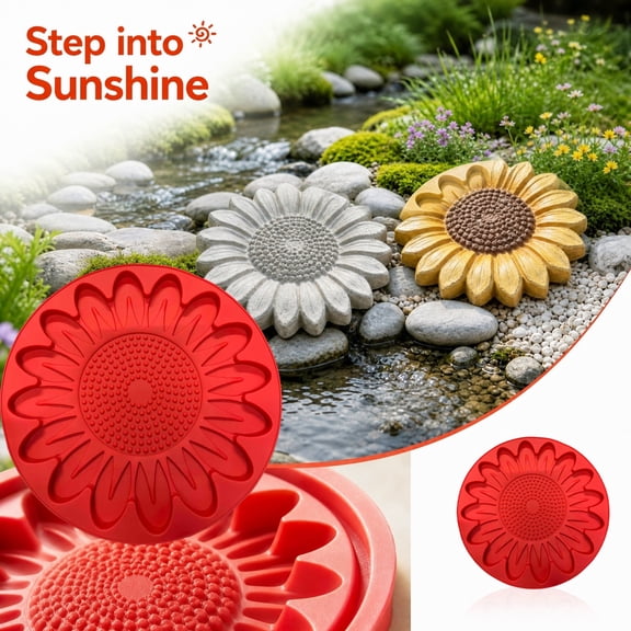 Sunflower Stepping Stone Mold for Garden Path DIY Concrete Walkway Maker Reusable Heavy Duty Silicone Paver Mold for Patio Yard Outdoor Landscape, 12x2 Inch
