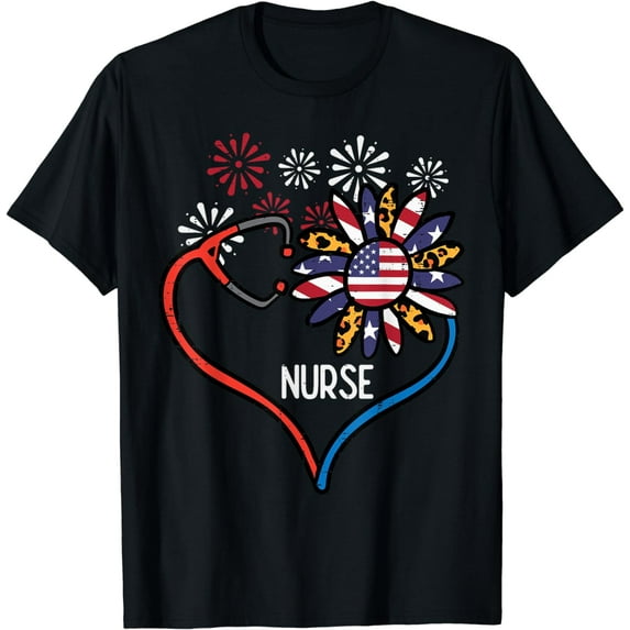 Sunflower Stethoscope Nurse Fourth 4th Of July RN Women T-Shirt