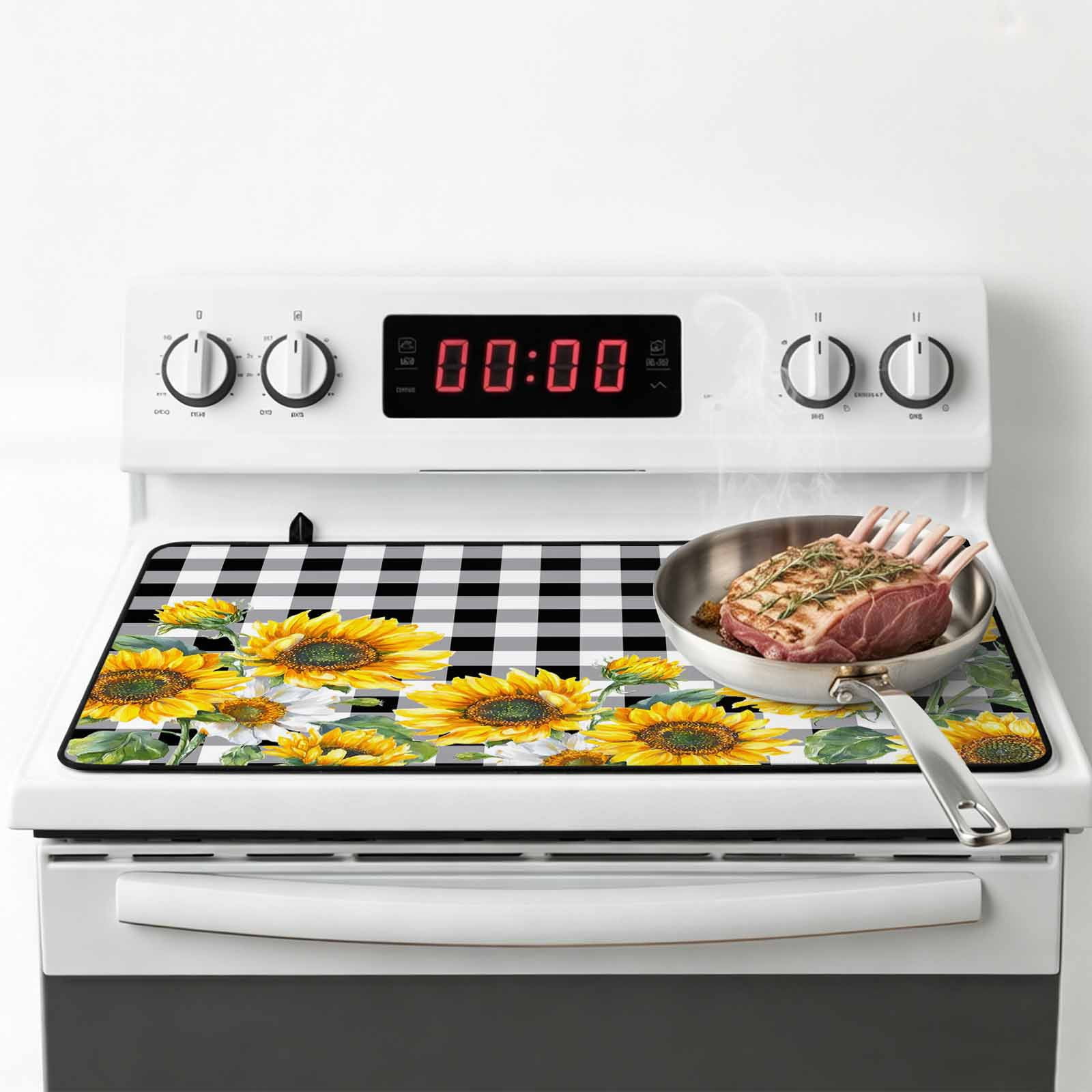 Sunflower Stove Top Cover for Electric Stove, Heat-proof & Non Slip Glass Top Stove Cover Protector, Black White Check Country Yellow Floral Kitchen Flat Cooktop Rubber Mat 24x21 Inches