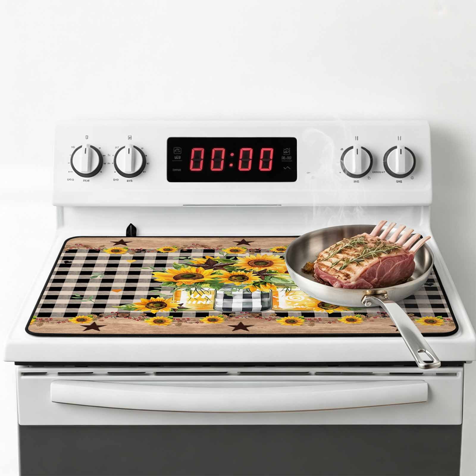 Sunflower Stove Top Cover for Electric Stove, Heat-proof & Non Slip Glass Top Stove Cover Protector, Black White Plaid Farmhouse Stars Kitchen Flat Cooktop Rubber Mat 24x21 Inches