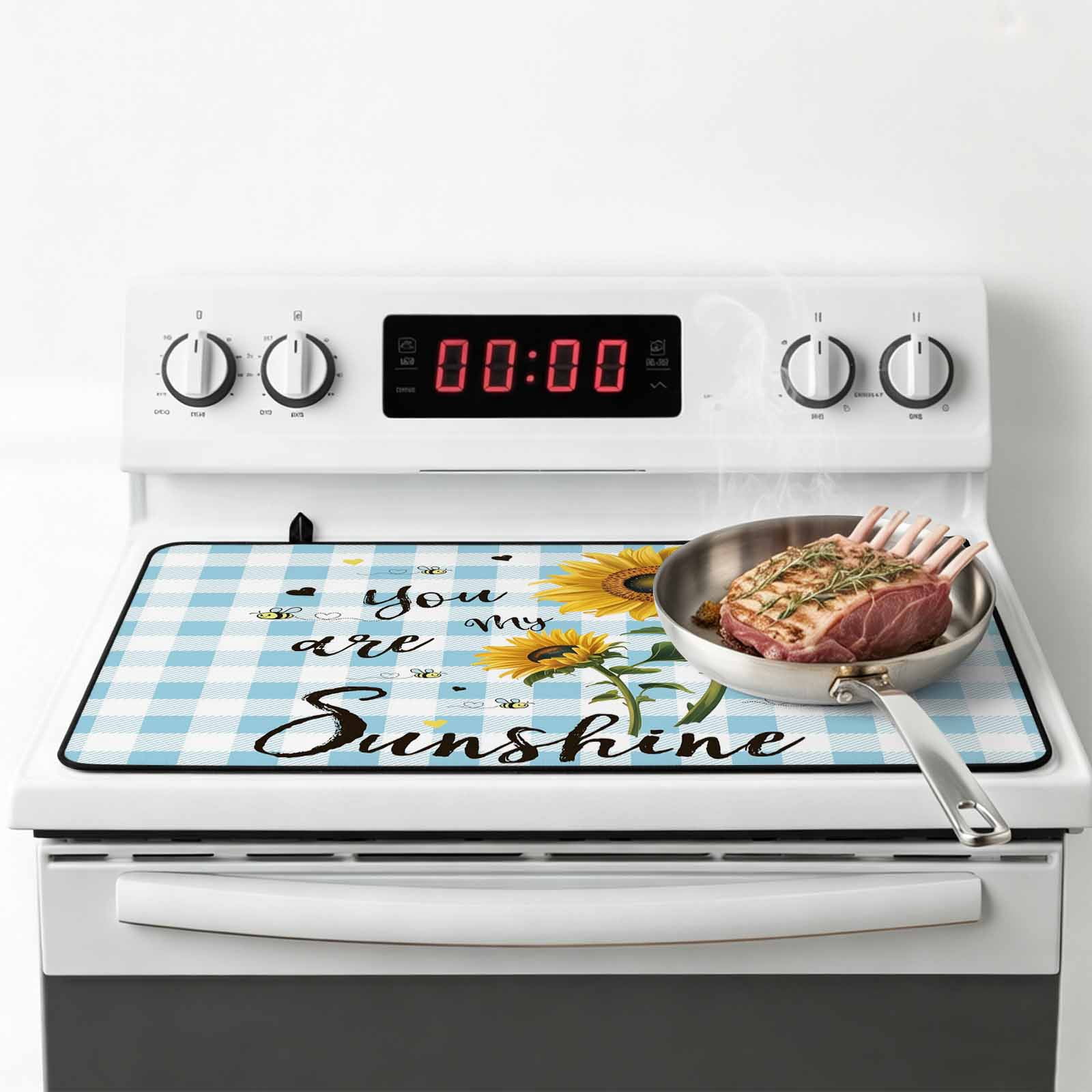 Sunflower Stove Top Cover for Electric Stove, Heat-proof & Non Slip Glass Top Stove Cover Protector, Blue Plaid Farmhouse You Are My Sunshine Kitchen Flat Cooktop Rubber Mat 28.5x20.5 Inches