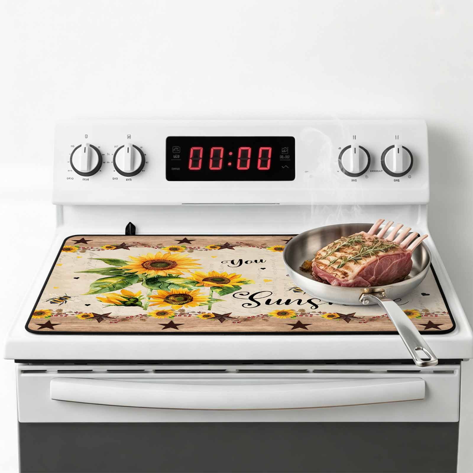 Sunflower Stove Top Cover for Electric Stove, Heat-proof & Non Slip Glass Top Stove Cover Protector, Botanical Summer Farmhouse Country Texas Star Kitchen Flat Cooktop Rubber Mat 24x21 Inches