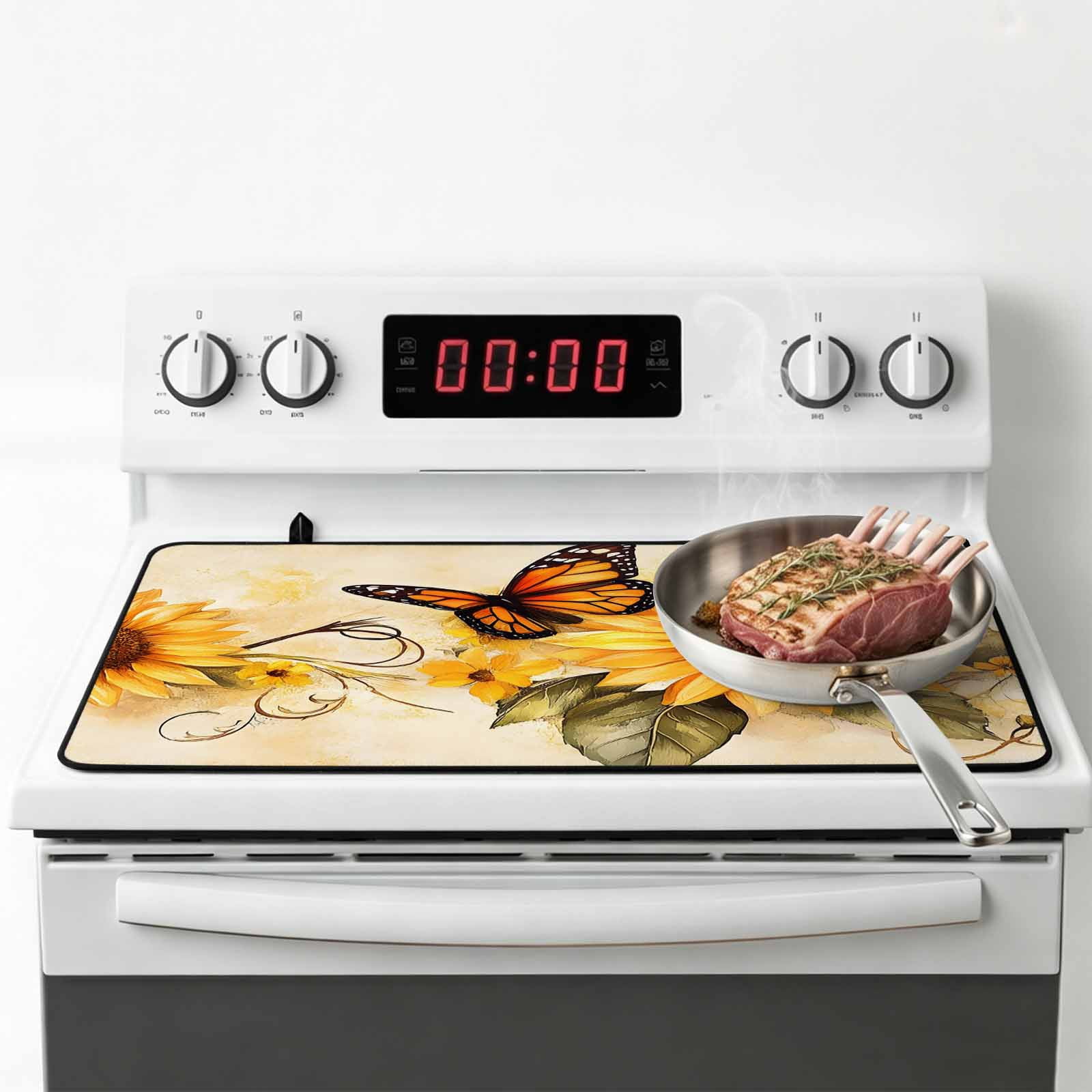 Sunflower Stove Top Cover for Electric Stove, Heat-proof & Non Slip Glass Top Stove Cover Protector, Butterfly Spring Floral Retro Kitchen Flat Cooktop Rubber Mat 24x21 Inches