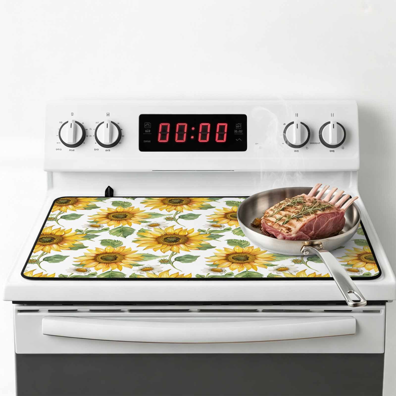 Sunflower Stove Top Cover for Electric Stove, Heat-proof & Non Slip Glass Top Stove Cover Protector, Farmhouse Watercolor Botanical Summer Kitchen Flat Cooktop Rubber Mat 24x21 Inches