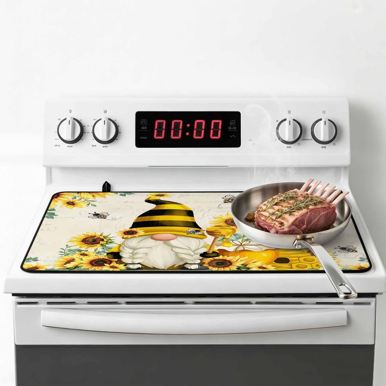 Sunflower Stove Top Cover for Electric Stove, Heat-proof & Non Slip Glass Top Stove Cover Protector, Gnomes Flower Bee Eucalyptus Leaves Farmhouse Kitchen Flat Cooktop Rubber Mat 36x21 Inches