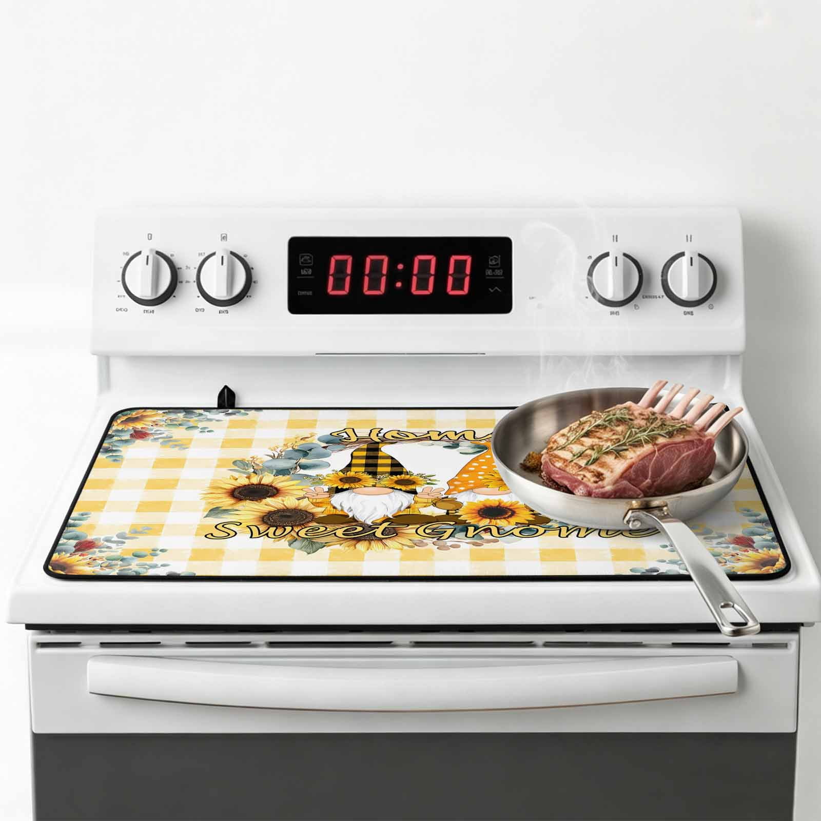 Sunflower Stove Top Cover for Electric Stove, Heat-proof & Non Slip Glass Top Stove Cover Protector, Gnomes Yellow Checkered Eucalyptus Leaves Kitchen Flat Cooktop Rubber Mat 24x21 Inches
