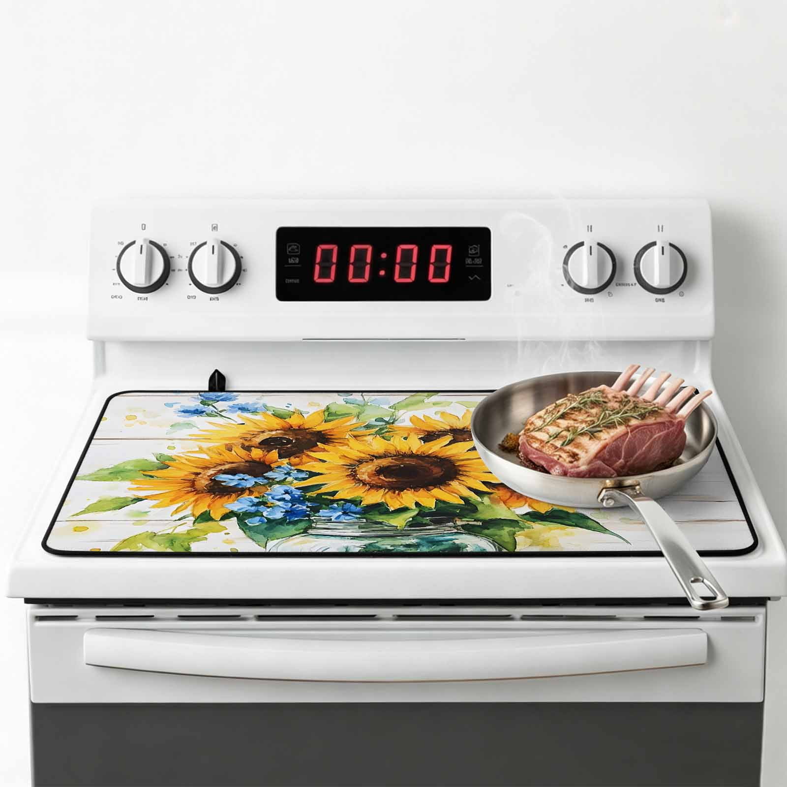 Sunflower Stove Top Cover for Electric Stove, Heat-proof & Non Slip Glass Top Stove Cover Protector, Retro Country Garden Floral Blue Wildflower Kitchen Flat Cooktop Rubber Mat 24x21 Inches