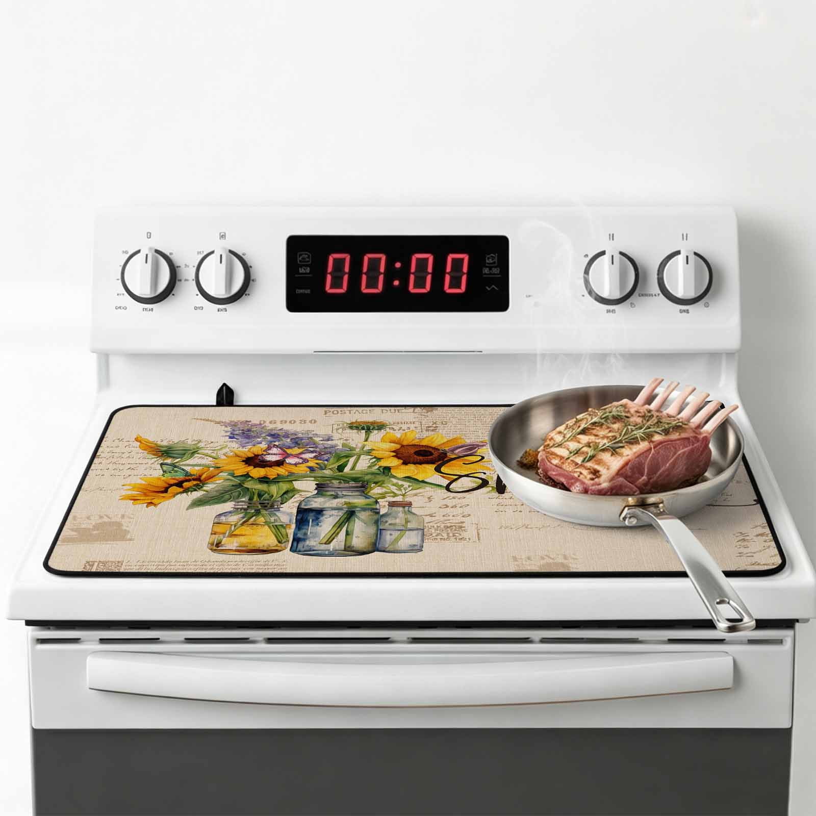 Sunflower Stove Top Cover for Electric Stove, Heat-proof & Non Slip Glass Top Stove Cover Protector, Spring Floral Summer Botanical Farmhouse Kitchen Flat Cooktop Rubber Mat 24x21 Inches