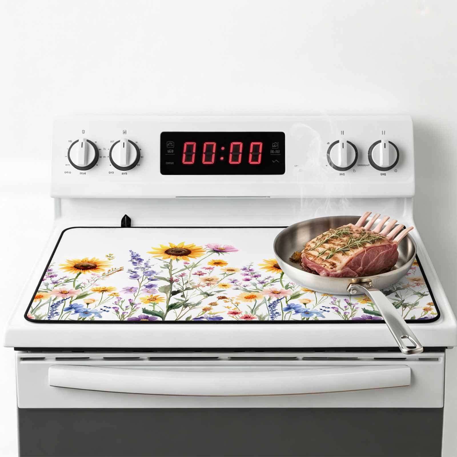 Sunflower Stove Top Cover for Electric Stove, Heat-proof & Non Slip Glass Top Stove Cover Protector, Spring Floral Summer Botanical Pastoral Kitchen Flat Cooktop Rubber Mat 28.5x20.5 Inches