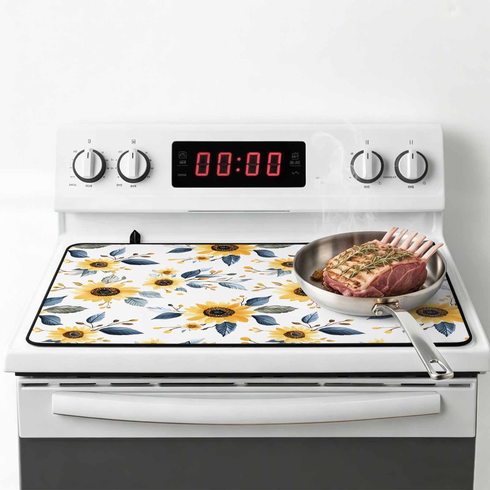 Sunflower Stove Top Cover for Electric Stove, Heat-proof & Non Slip Glass Top Stove Cover Protector, Spring Floral Vintage Summer Botanical Kitchen Flat Cooktop Rubber Mat 24x21 Inches