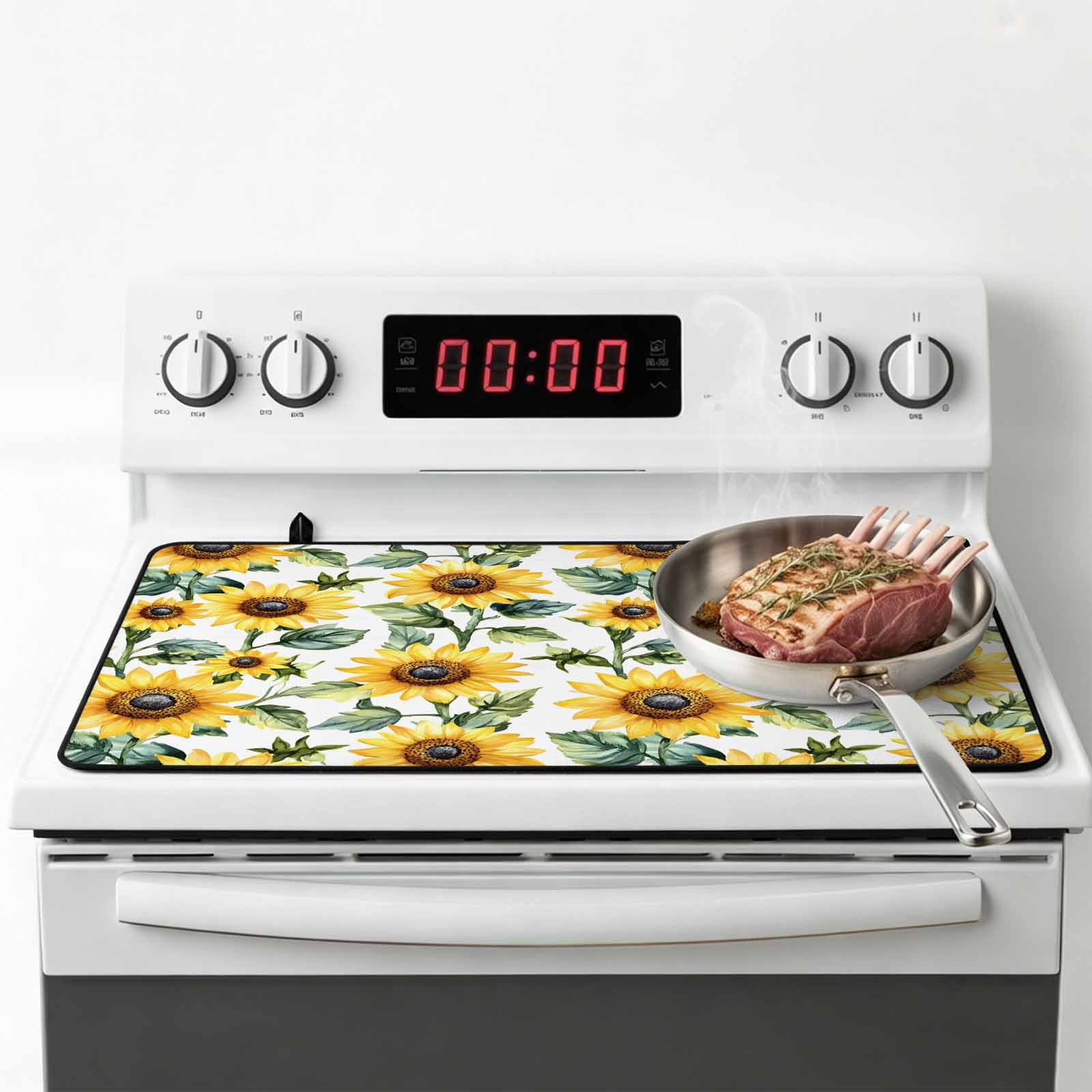 Sunflower Stove Top Cover for Electric Stove, Heat-proof & Non Slip Glass Top Stove Cover Protector, Spring Green Botanical Summer Floral Kitchen Flat Cooktop Rubber Mat 24x21 Inches