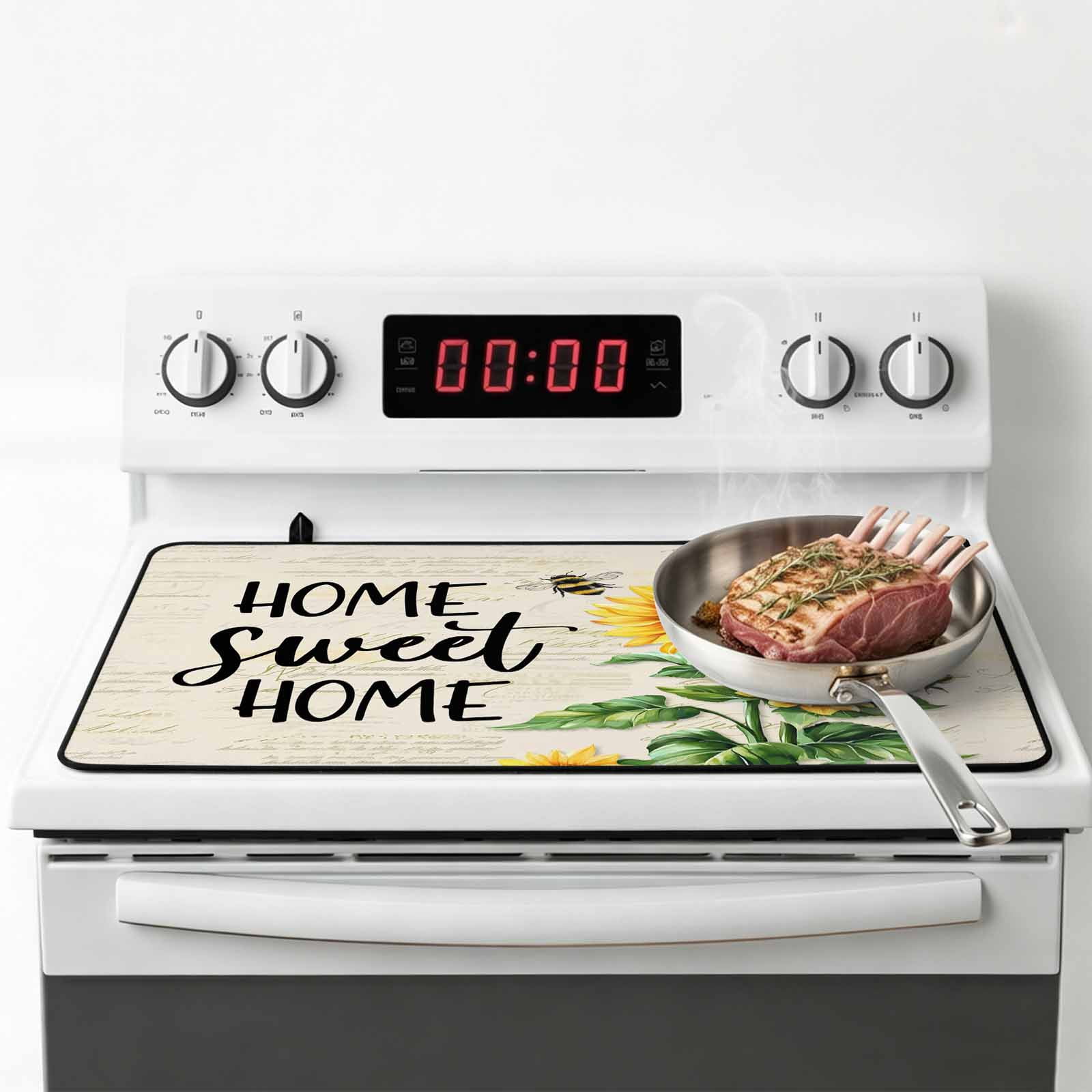 Sunflower Stove Top Cover for Electric Stove, Heat-proof & Non Slip Glass Top Stove Cover Protector, Summer Botanical Bee Farmhouse Watercolor Kitchen Flat Cooktop Rubber Mat 24x21 Inches