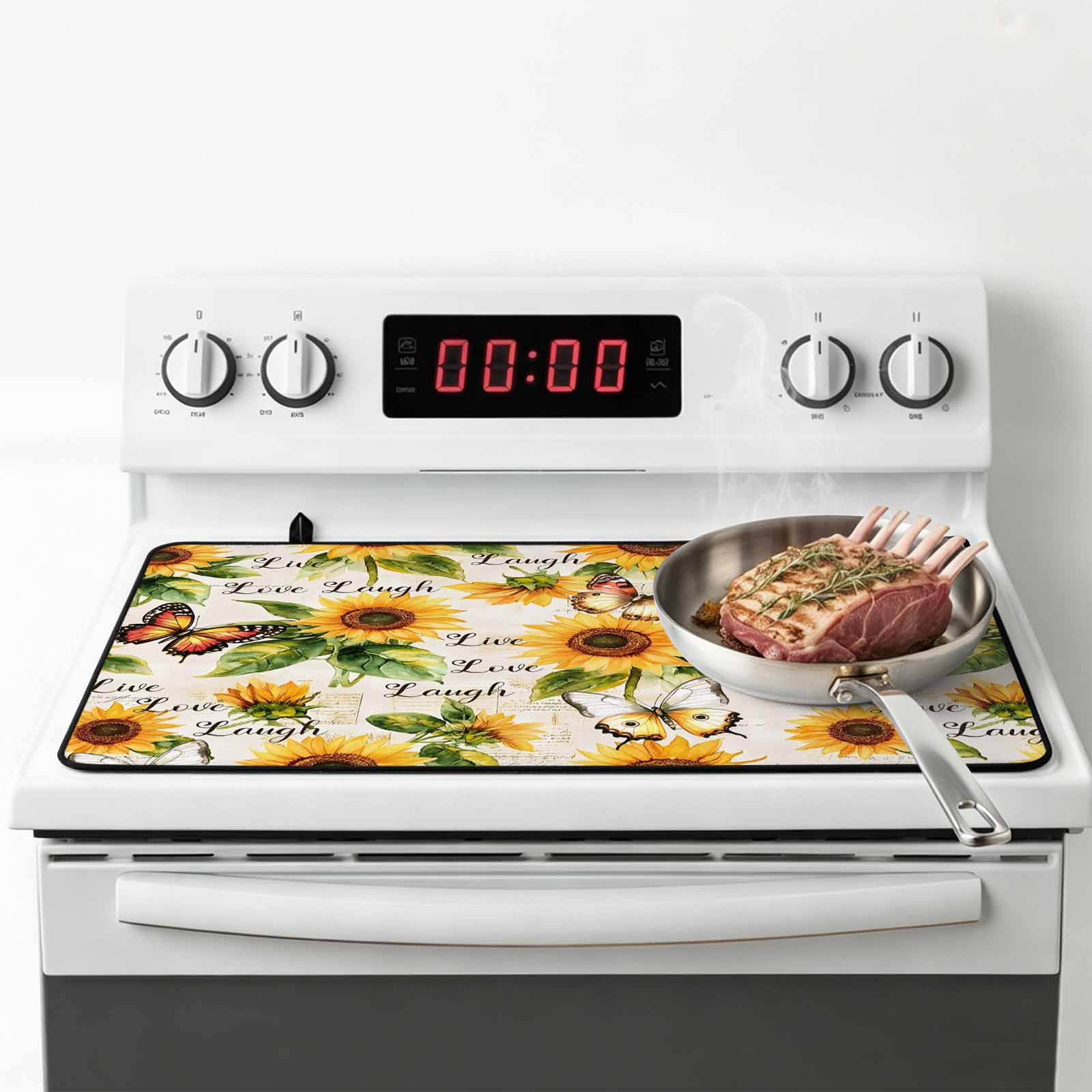 Sunflower Stove Top Cover for Electric Stove, Heat-proof & Non Slip Glass Top Stove Cover Protector, Summer Botanical Vintage Spring Floral Butterfly Kitchen Flat Cooktop Rubber Mat 24x21 Inches