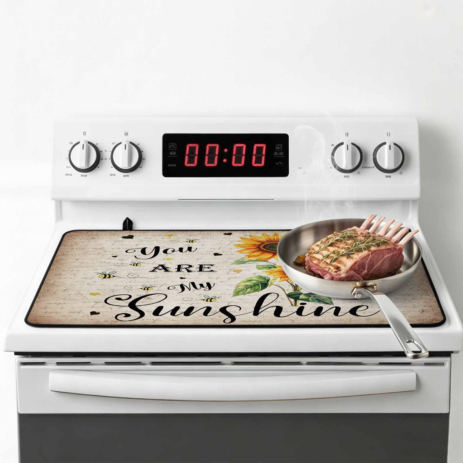 Sunflower Stove Top Cover for Electric Stove, Heat-proof & Non Slip Glass Top Stove Cover Protector, Vintage Summer Botanical Bee Spring Floral Kitchen Flat Cooktop Rubber Mat 24x21 Inches
