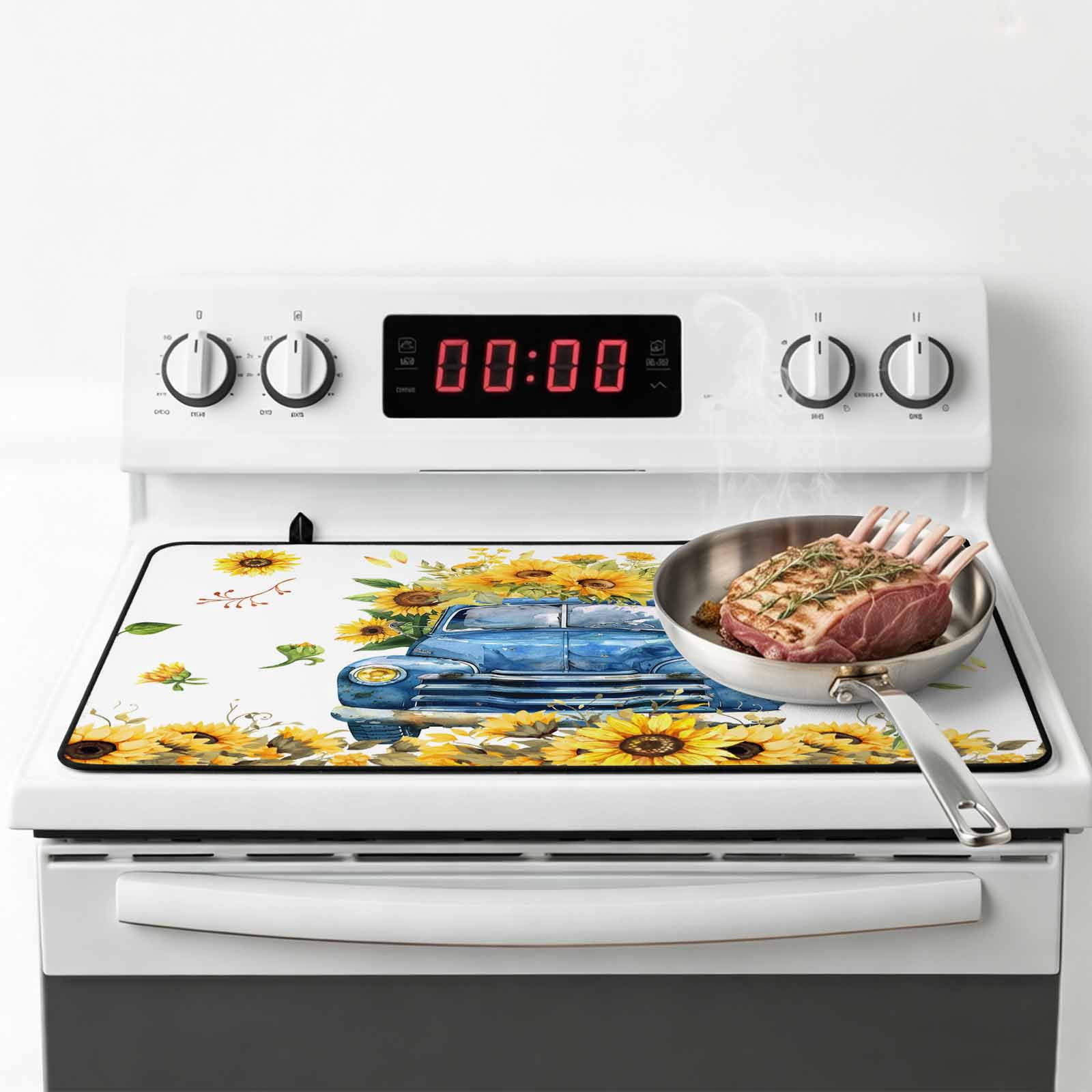 Sunflower Stove Top Cover for Electric Stove, Heat-proof & Non Slip Glass Top Stove Cover Protector, Watercolor Summer Floral Botanical Truck Kitchen Flat Cooktop Rubber Mat 31x24 Inches