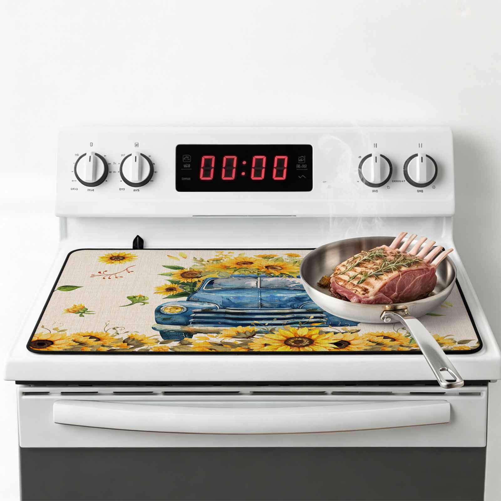 Sunflower Stove Top Cover for Electric Stove, Heat-proof & Non Slip Glass Top Stove Cover Protector, Watercolor Summer Floral Truck Vintage Kitchen Flat Cooktop Rubber Mat 31x24 Inches