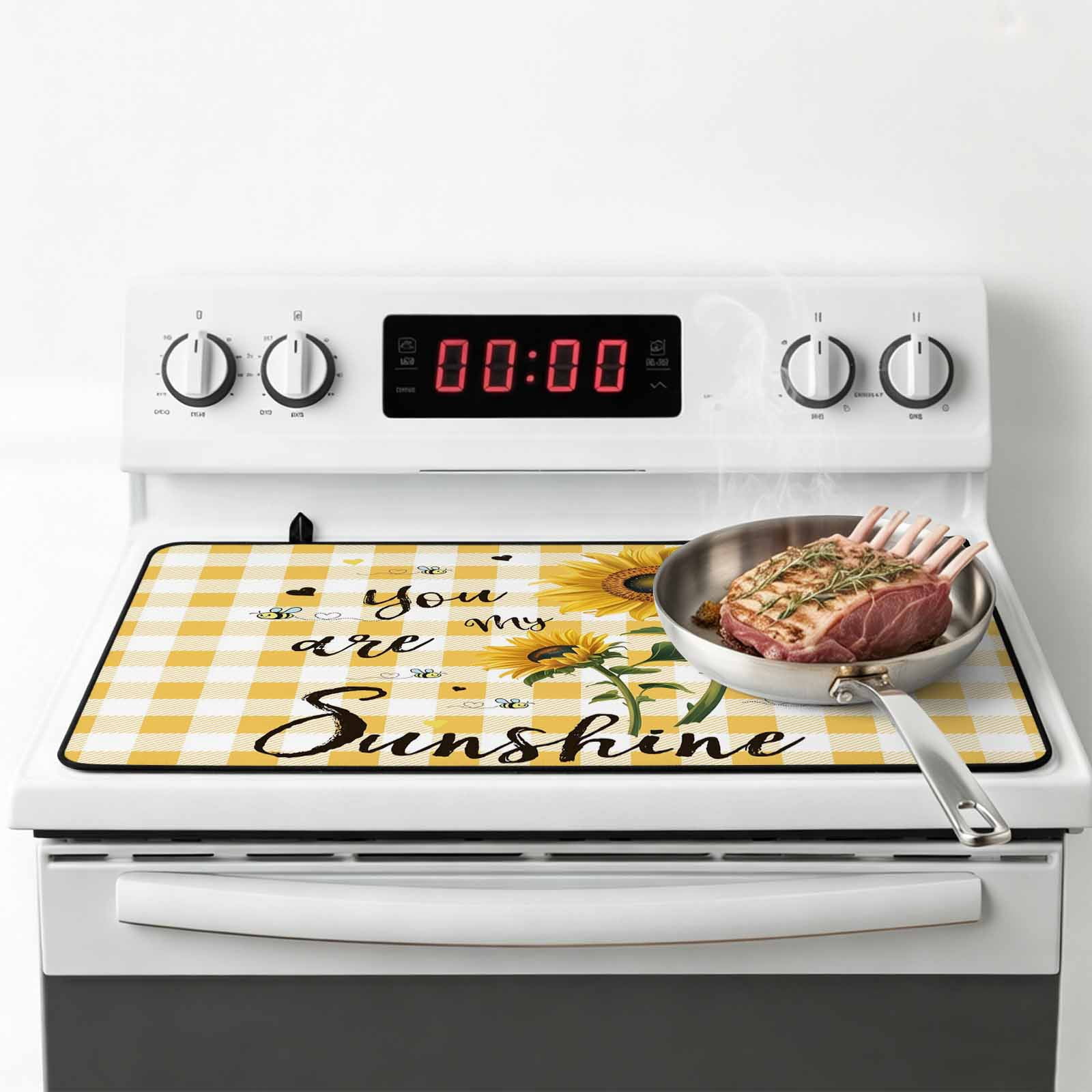 Sunflower Stove Top Cover for Electric Stove, Heat-proof & Non Slip Glass Top Stove Cover Protector, Yellow Plaid Lattice You Are My Sunshine Kitchen Flat Cooktop Rubber Mat 36x21 Inches