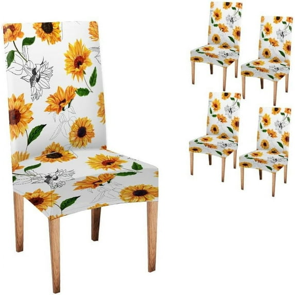 Sunflower Stretch Dining Table 4 Pack Apattern with Hand Drawn Yellow Watercolor Sunflowers on White Vintage Style Floral Repeat for Dining Chair Decor Chair Slipcove