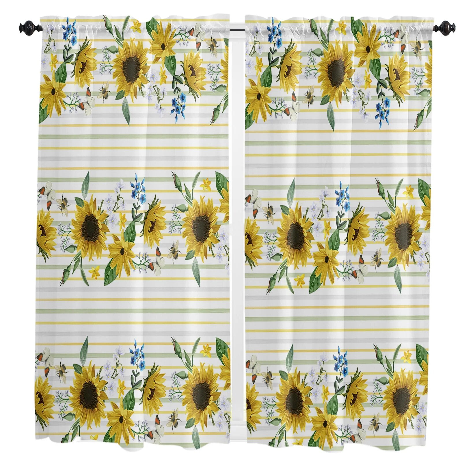 Sunflower Stripes Summer American Rod Pocket Short Curtain HalfCurtain For Home Kitchen Door